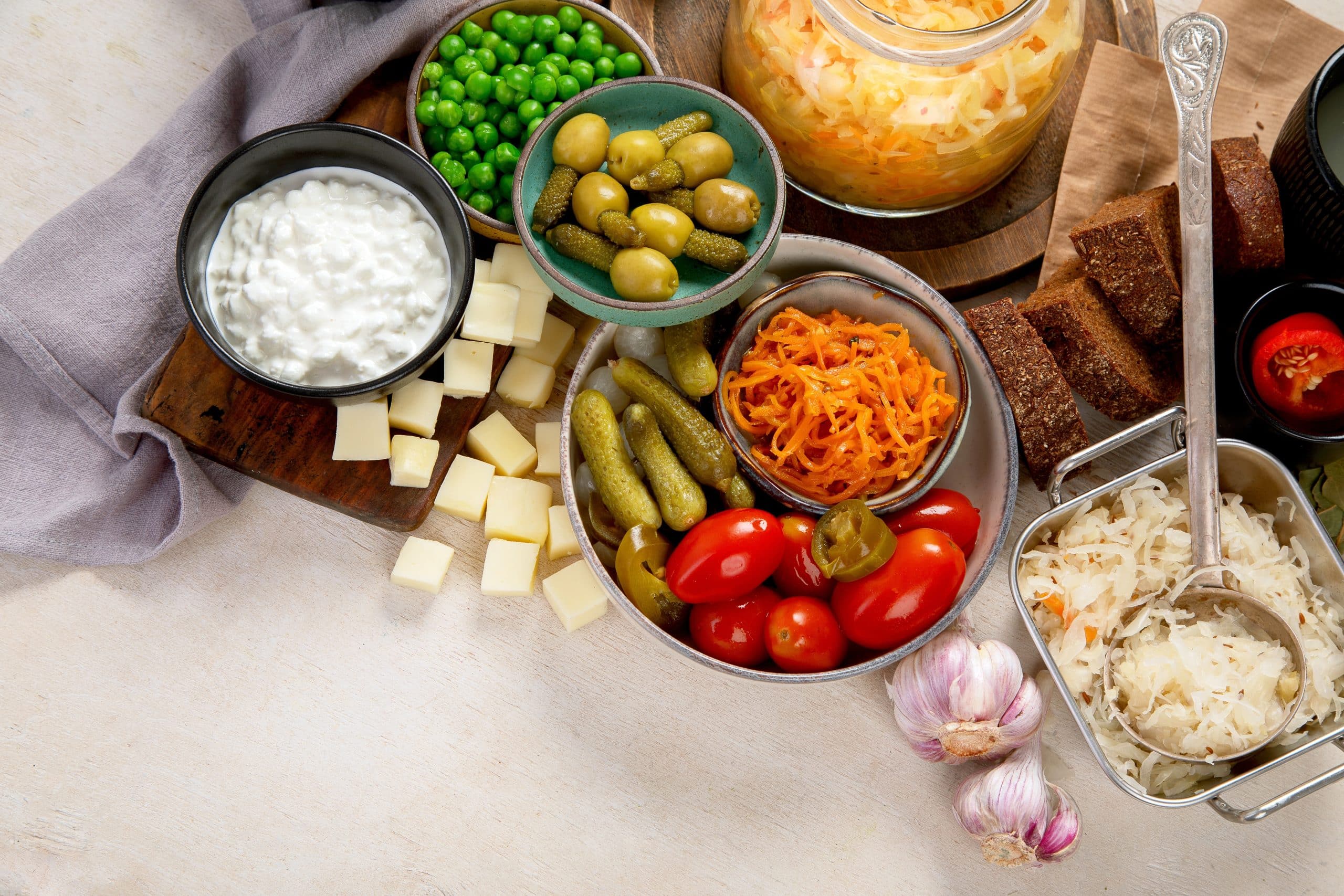 spread of prebiotics and probiotic foods in various bowls