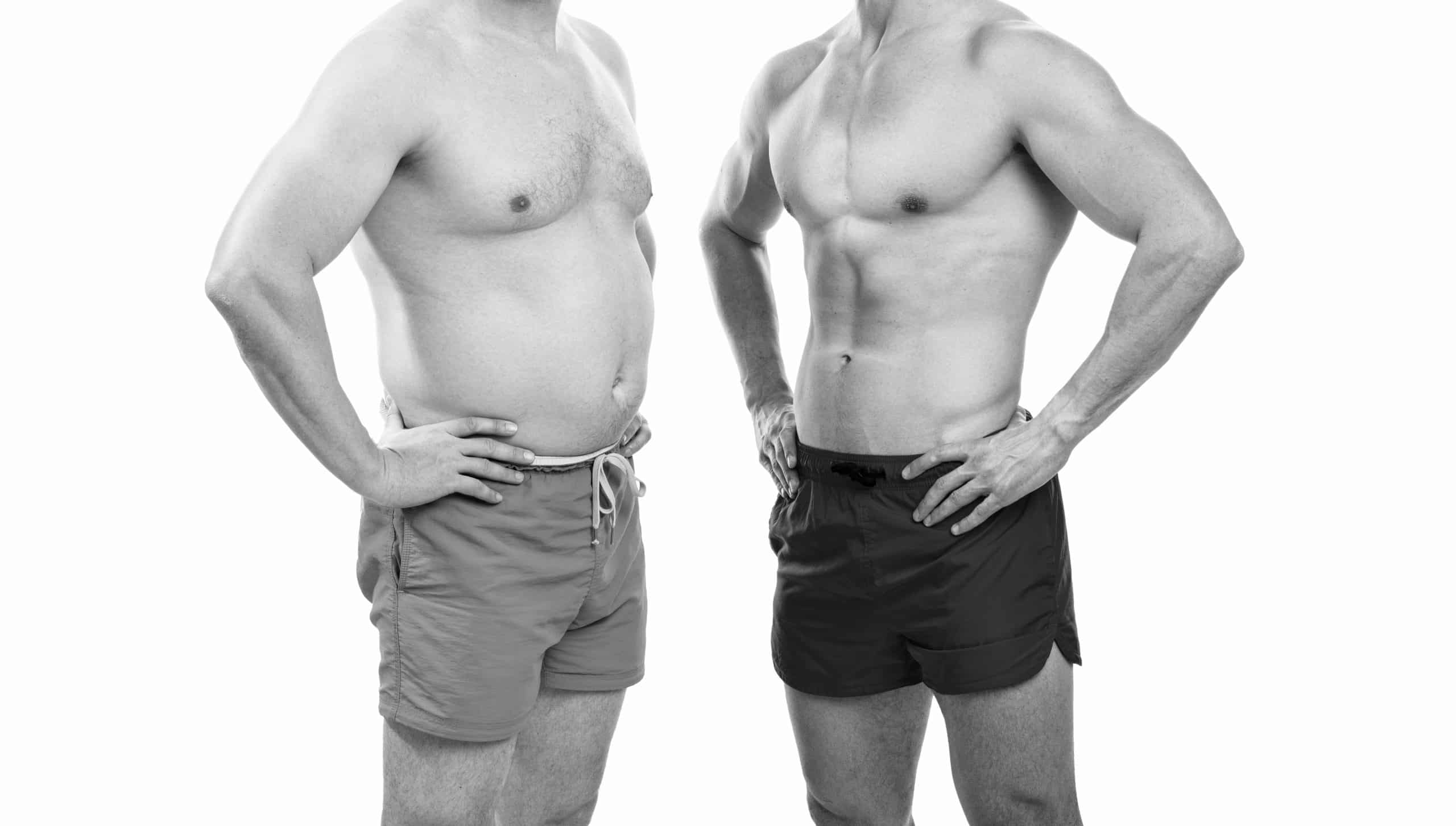 shirtless men standing side by side comparing weight composition 