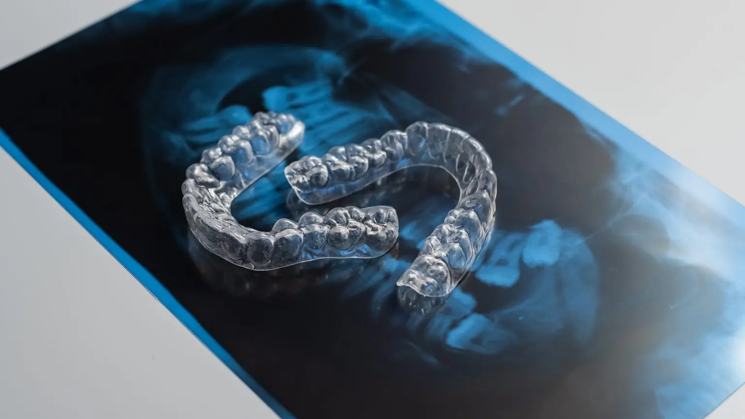 Clear dental aligners resting on a dental X-ray